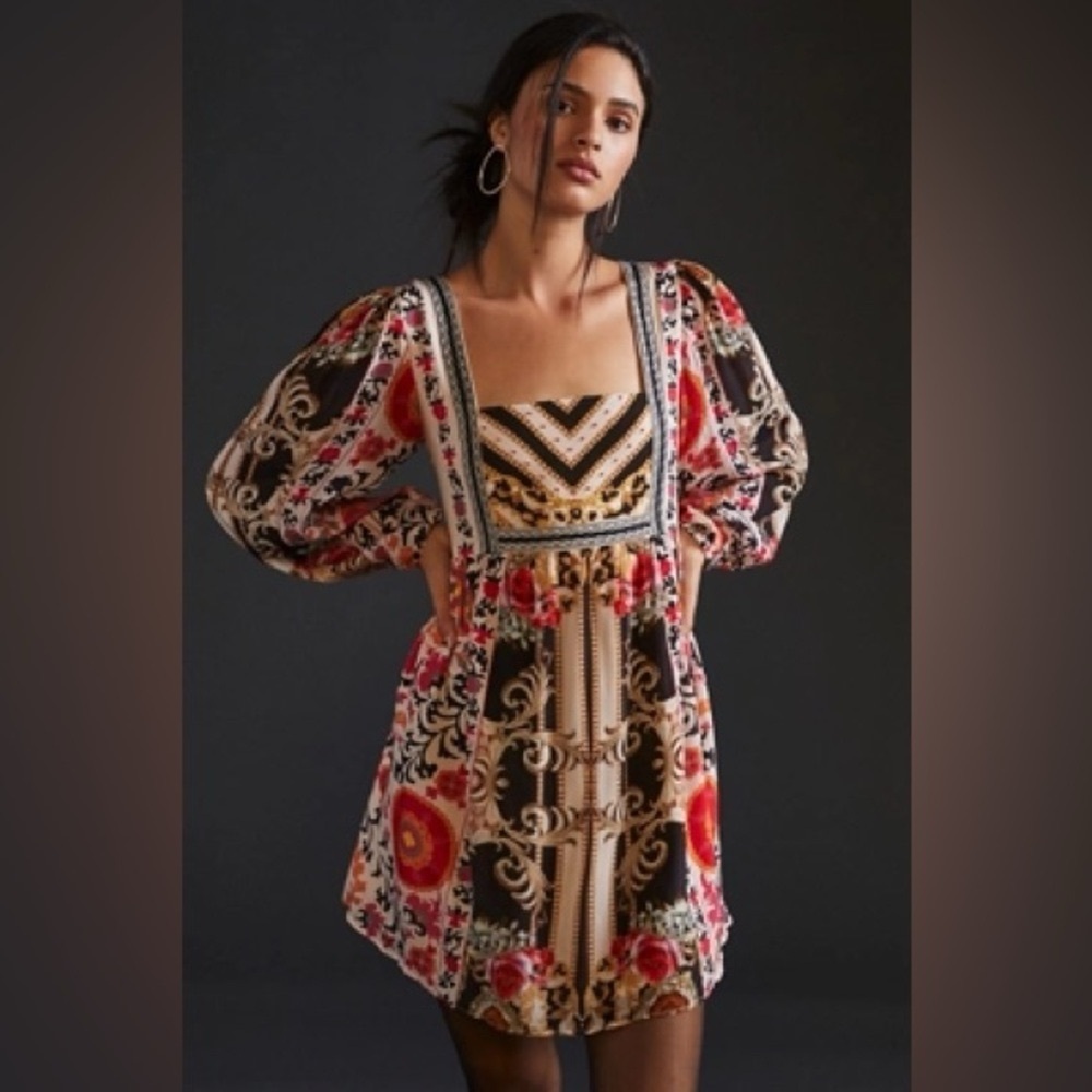Anthropologie Nikasha Floral Mini Dress Puff Sleeve Baroque